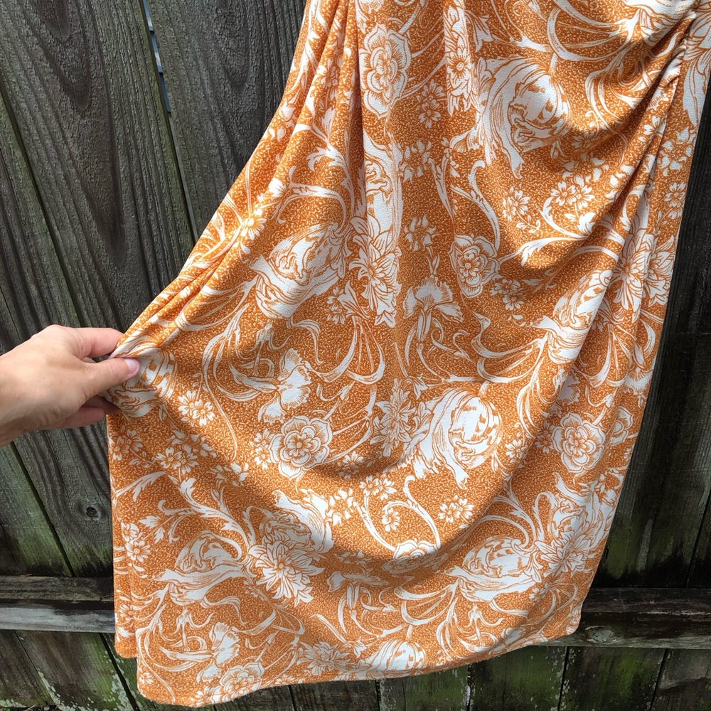Joie Orange Floral Ruched Crossover Midi Dress Size L Sleeveless Stretch - Picture 3 of 11
